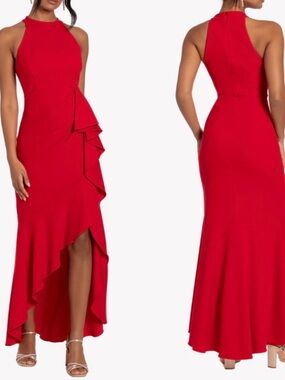 Red Halter High-Low Ruffle Evening Dress
